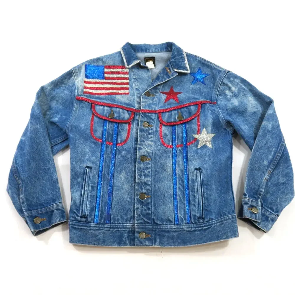 Lee Jean Denim Jacket Blue Patriotic Embellished Kids Youth Sz L American Flag